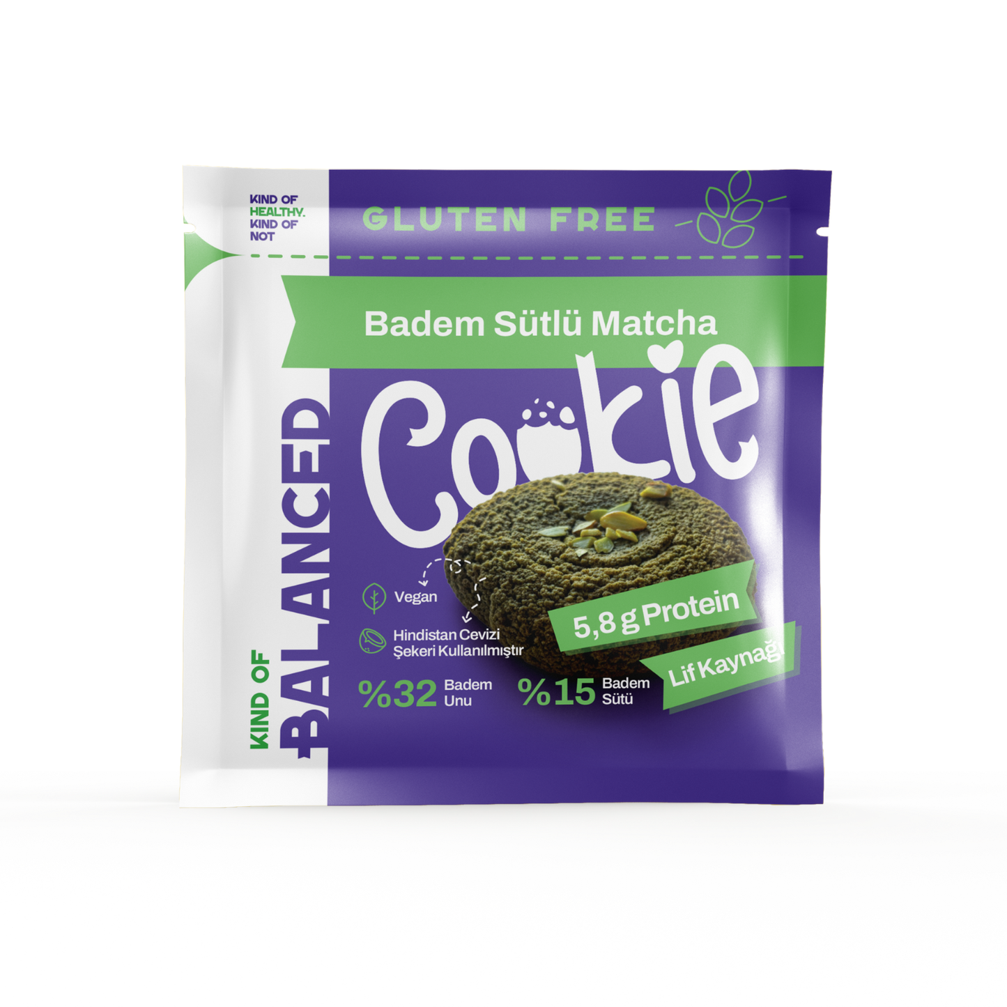 Glütensiz Badem Sütlü Matcha Proteinli Cookie 60 gr