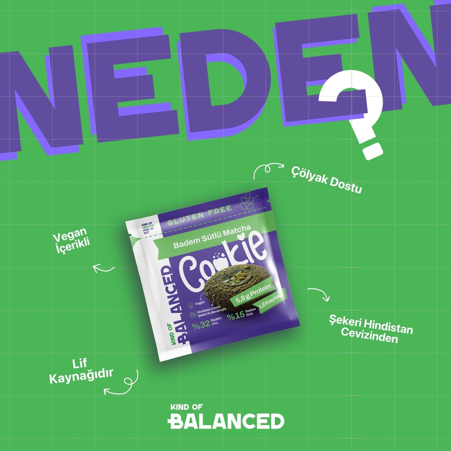 Glütensiz Badem Sütlü Matcha Proteinli Cookie 60 gr