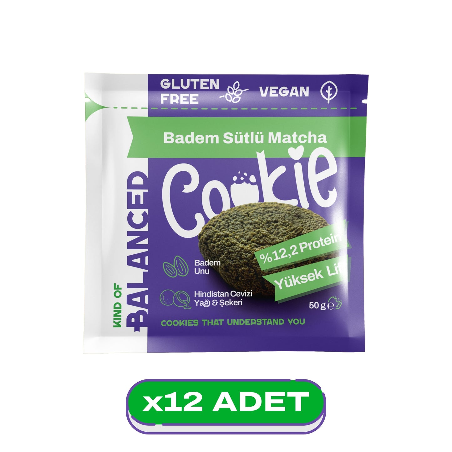 Glütensiz Badem Sütlü Matcha Proteinli Cookie 50 gr
