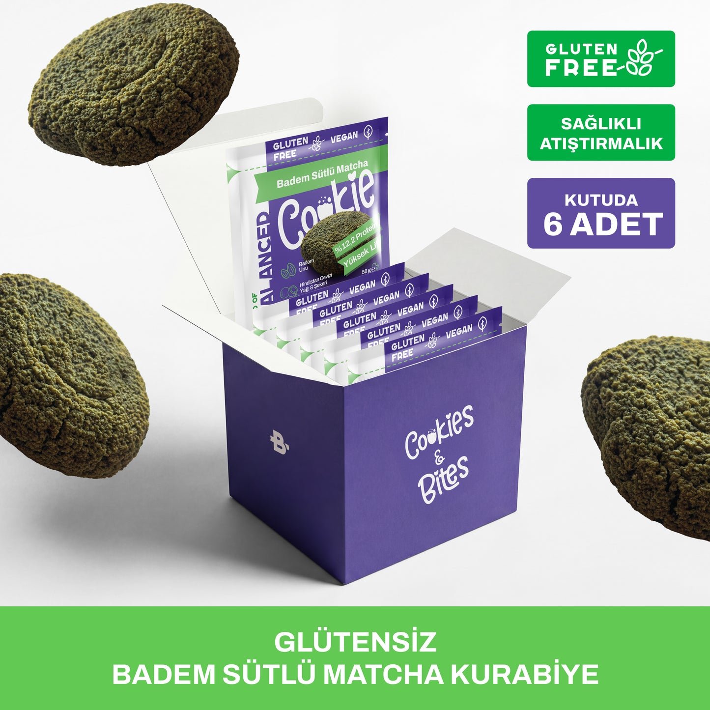 Glütensiz Badem Sütlü Matcha Proteinli Cookie 50 gr