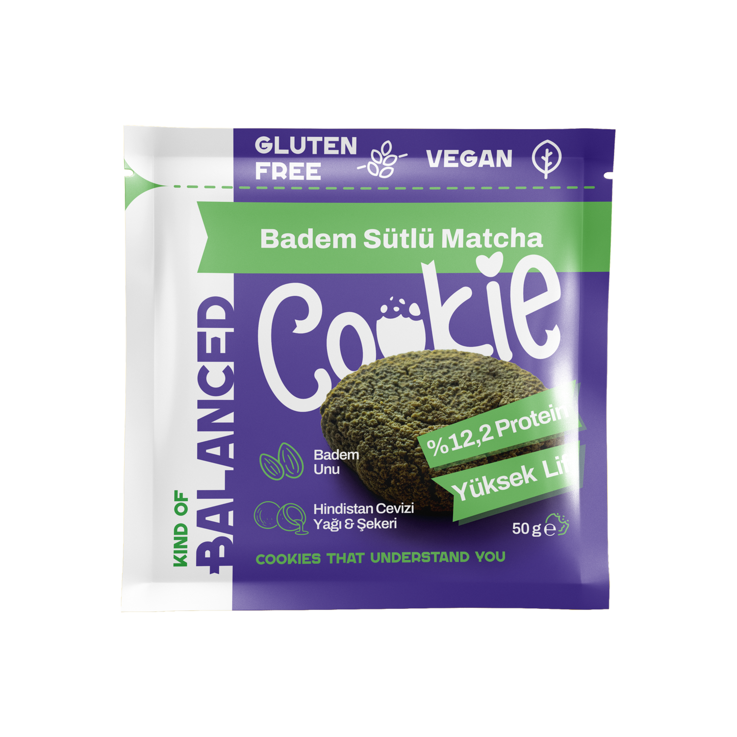 Glütensiz Badem Sütlü Matcha Proteinli Cookie 50 gr