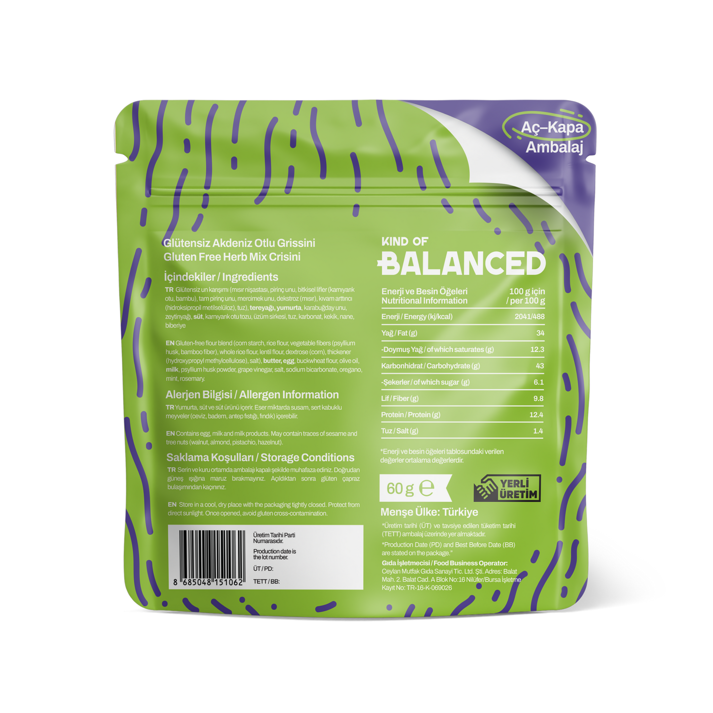 Glütensiz Akdeniz Otlu Grissini 60 Gr